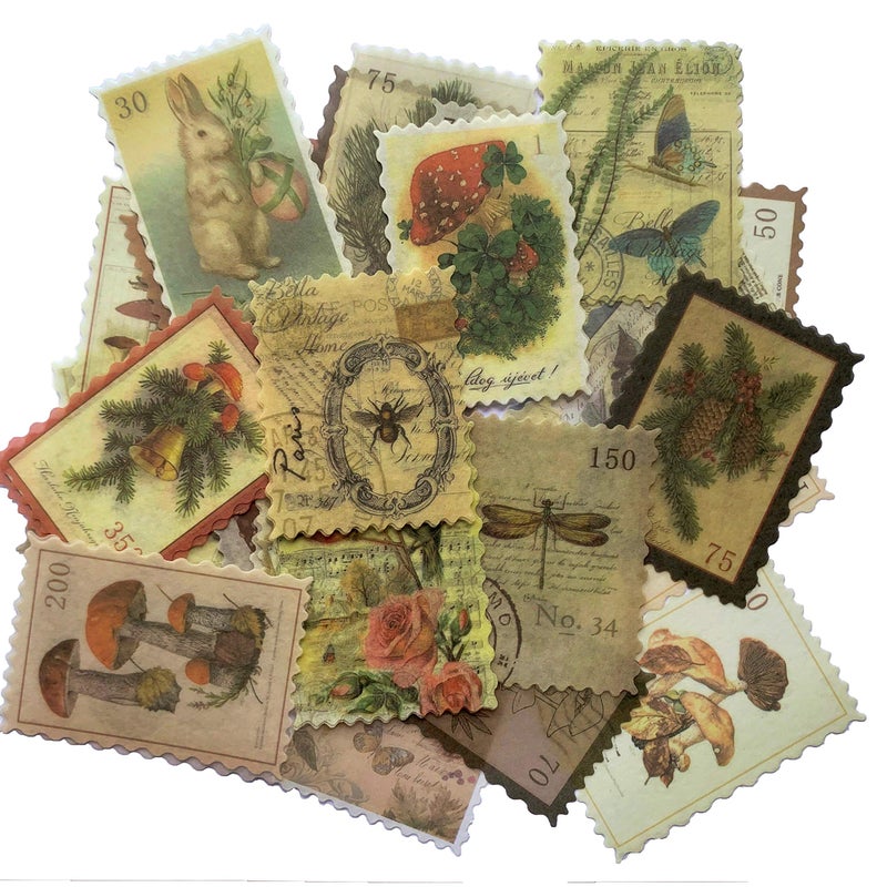 Cotrida 60pcs Vintage Postage Stamp Stickers Aesthetic Sticker for Scrapbooking Journaling Supplies Planners Kid DIY Art Crafts Bullet Journal Ephemera