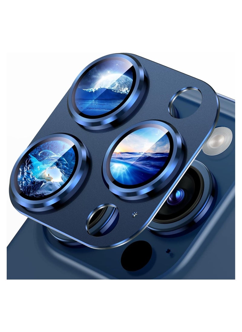Raxoom Compatible with iPhone 15 Pro/iPhone 15 Pro Max Camera Lens Protector, [Not Easy to Break][Strong Adsorption][Case-Friendly] Metal Tempered Glass Rear Camera Screen Cover - Blue Titanium - Image 1