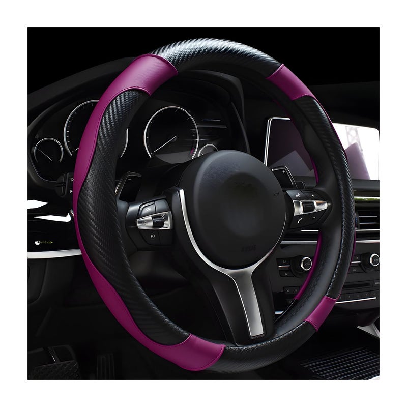 DXNQ Car Steering Wheel Cover 15 Inch Carbon Fiber Leather Stitching Color Steering Wheel Protector AntiSlip Elastic Breathable Steering Wheel Cover Stylish Decor for Most Cars BlackPurple - Image 3