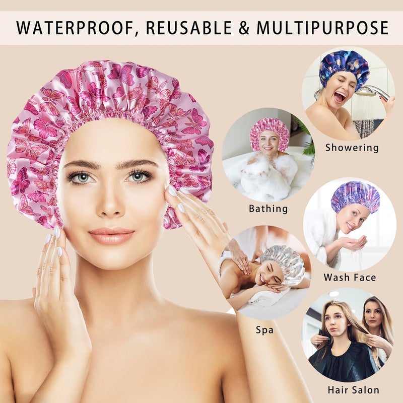 CHFONG Shower Cap for Women,4 PCS Elastic and Reusable Bath Caps, Double Layers Shower Caps Reusable Waterproof, Bathing Shower Caps, Environmental Bath Hair Protection Cap - Butterfly E - Image 4