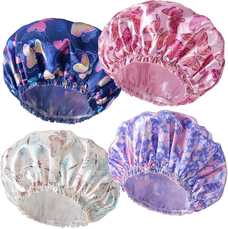 CHFONG Shower Cap for Women,4 PCS Elastic and Reusable Bath Caps, Double Layers Shower Caps Reusable Waterproof, Bathing Shower Caps, Environmental Bath Hair Protection Cap - Butterfly E - Image 1