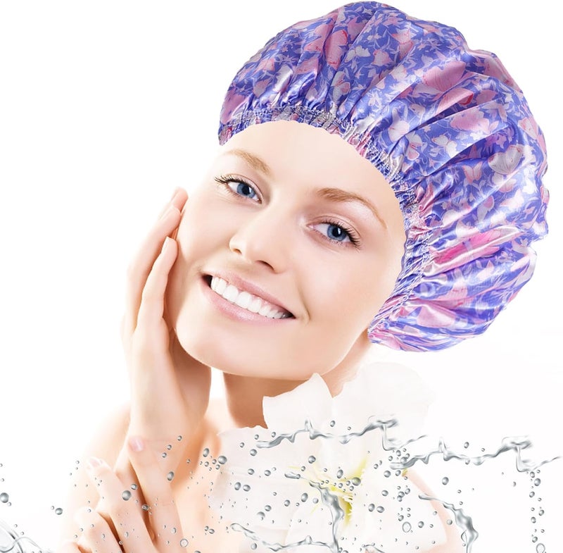CHFONG Shower Cap for Women,4 PCS Elastic and Reusable Bath Caps, Double Layers Shower Caps Reusable Waterproof, Bathing Shower Caps, Environmental Bath Hair Protection Cap - Butterfly E - Image 2