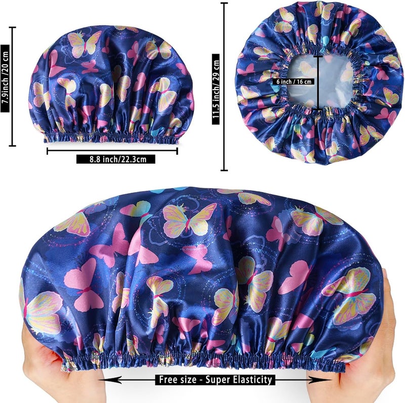 CHFONG Shower Cap for Women,4 PCS Elastic and Reusable Bath Caps, Double Layers Shower Caps Reusable Waterproof, Bathing Shower Caps, Environmental Bath Hair Protection Cap - Butterfly E - Image 3
