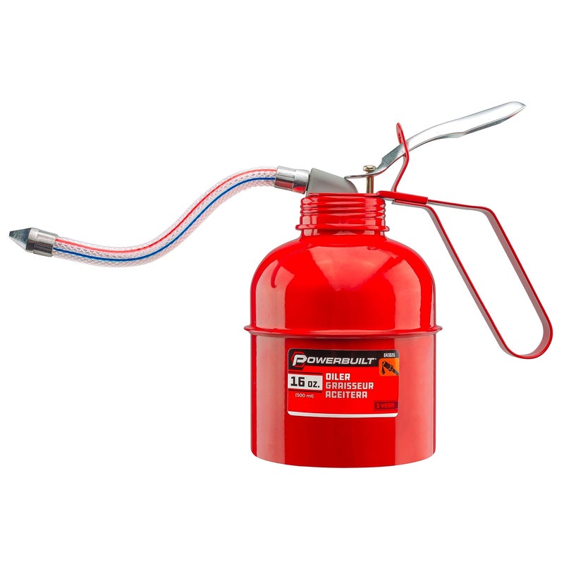 Powerbuilt Oil Lubrication Can 1 Pint Capacity Thumb Lever Pump Handle Flexible Hose Spout Car Machinery  Red 643026