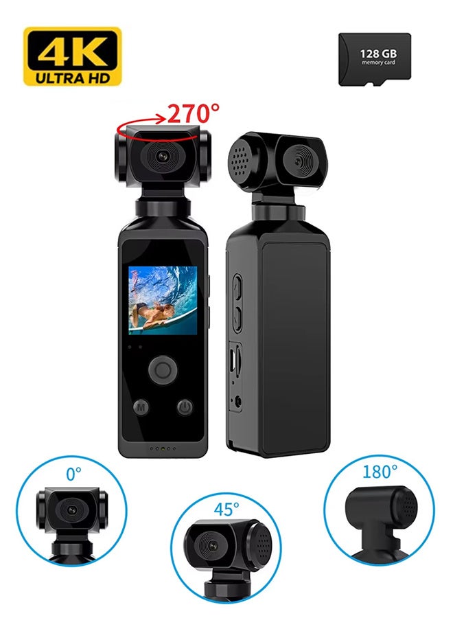 4K HD Camera, 270° Rotatable Large Wide Angle, Included 128G Card, 30m/98ft Underwater Camera with  Mic for Outdoor Riding Diving Shooting Vlog , 1000mAh Rechargeable - Image 2