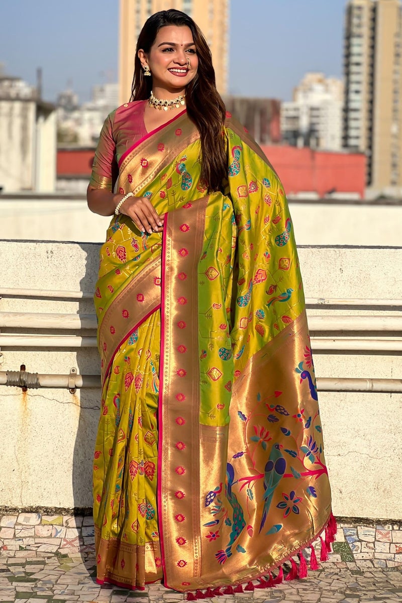 SGF11 Women's Kanjivaram Paithani Soft Silk Sarees With Unstitched Blouse Piece (Light Green) - Image 5