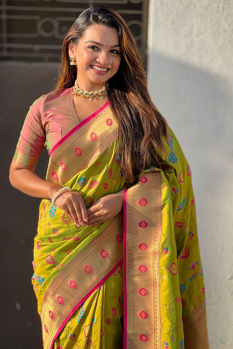 SGF11 Women's Kanjivaram Paithani Soft Silk Sarees With Unstitched Blouse Piece (Light Green) - Image 3