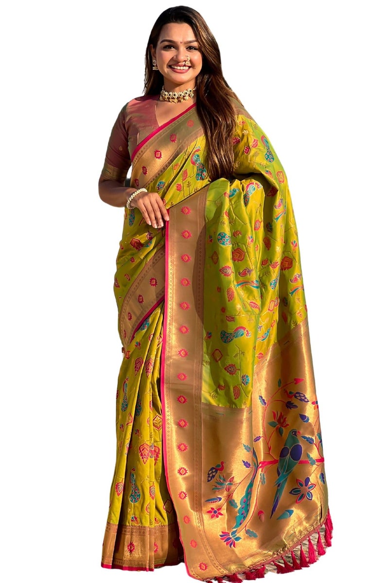 SGF11 Women's Kanjivaram Paithani Soft Silk Sarees With Unstitched Blouse Piece (Light Green) - Image 1