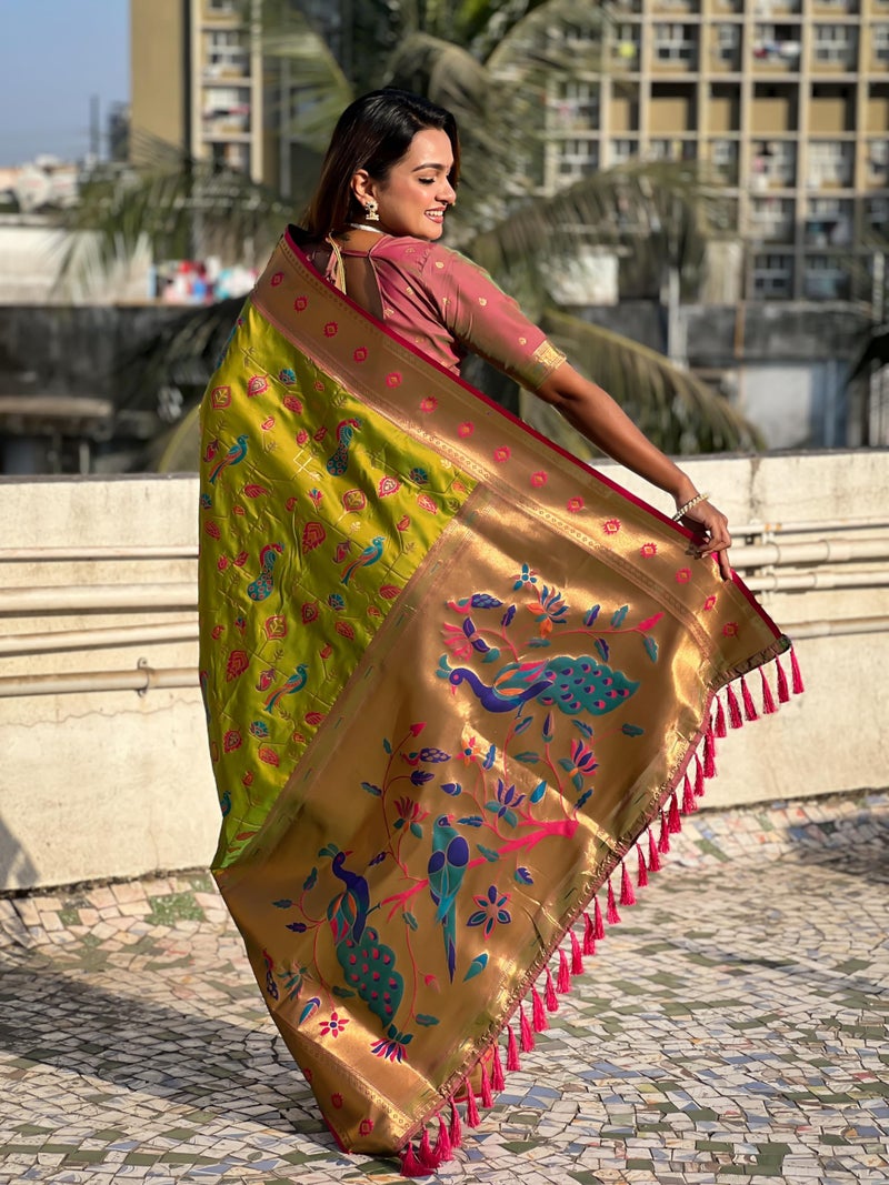 SGF11 Women's Kanjivaram Paithani Soft Silk Sarees With Unstitched Blouse Piece (Light Green) - Image 4