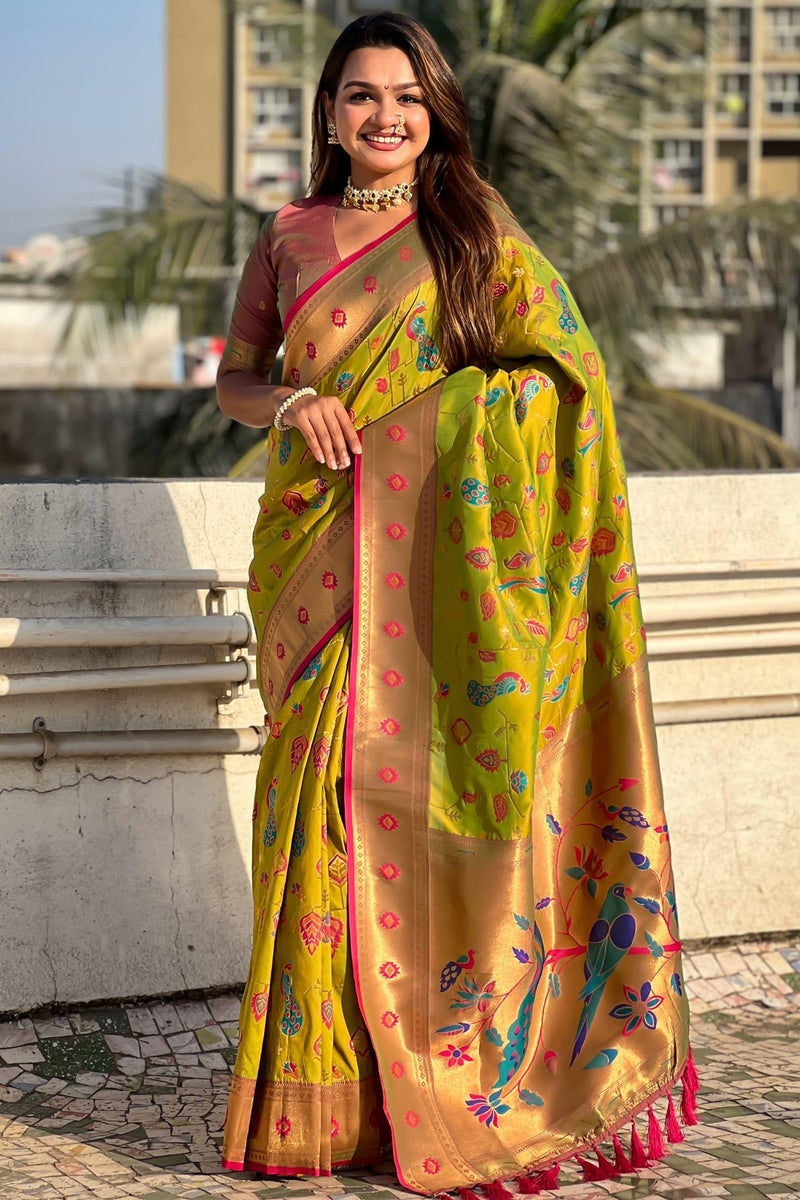 SGF11 Women's Kanjivaram Paithani Soft Silk Sarees With Unstitched Blouse Piece (Light Green) - Image 2