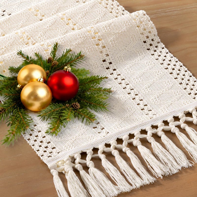 Socomi Boho Table Runner Easter Spring Farmhouse Rustic Dining Kitchen Centerpiece Decor Small Macrame Woven Cotton Linen Coffee Table Runner for Dresser Scarf Home Decor 12x60 inch Cream Ivory - Image 2
