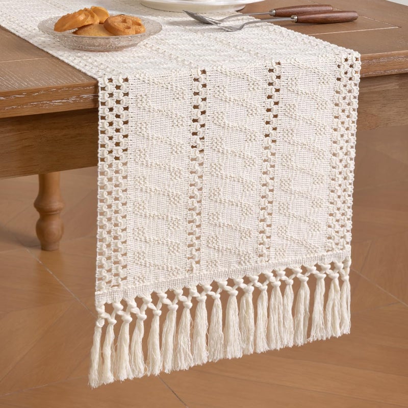 Socomi Boho Table Runner Easter Spring Farmhouse Rustic Dining Kitchen Centerpiece Decor Small Macrame Woven Cotton Linen Coffee Table Runner for Dresser Scarf Home Decor 12x60 inch Cream Ivory - Image 4
