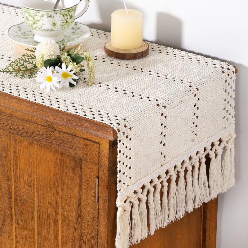 Socomi Boho Table Runner Easter Spring Farmhouse Rustic Dining Kitchen Centerpiece Decor Small Macrame Woven Cotton Linen Coffee Table Runner for Dresser Scarf Home Decor 12x60 inch Cream Ivory - Image 1