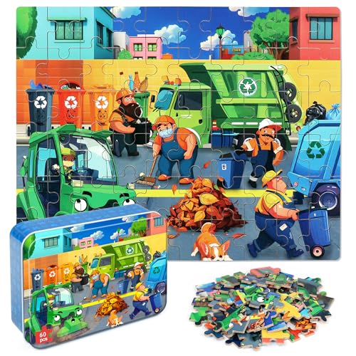 LELEMON Ocean Puzzles for Kids Ages 46Recycling Garbage Truck 60 Piece Puzzles for Kids Ages 48Children Jigsaw Puzzles in a Metal BoxEducational Learning Puzzle Toys for Girls and Boys - Image 1