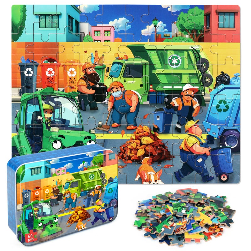 LELEMON Ocean Puzzles for Kids Ages 46Recycling Garbage Truck 60 Piece Puzzles for Kids Ages 48Children Jigsaw Puzzles in a Metal BoxEducational Learning Puzzle Toys for Girls and Boys - Image 3