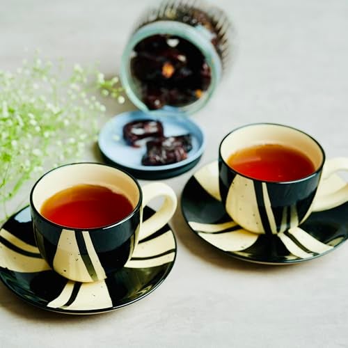 BLACKCARROT Stoneware & PorBlackCarrot Stoneware & Porcelain Tea Cup Set, 2 Pieces, 200ml Each | Glossy Finish | Ceramic Tea Cups | Microwave Safe, Elegant Tea Cups for Daily Usecelain Tea Cup Set - Image 1