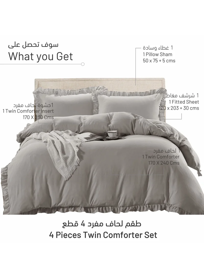 دوناتيلا طقم لحاف 4 قطع سرير مفرد مقاس (120 * 200 سم) بياضات سرير مع حدود مكشكشة وحشو قابل للإزالة ، رمادي