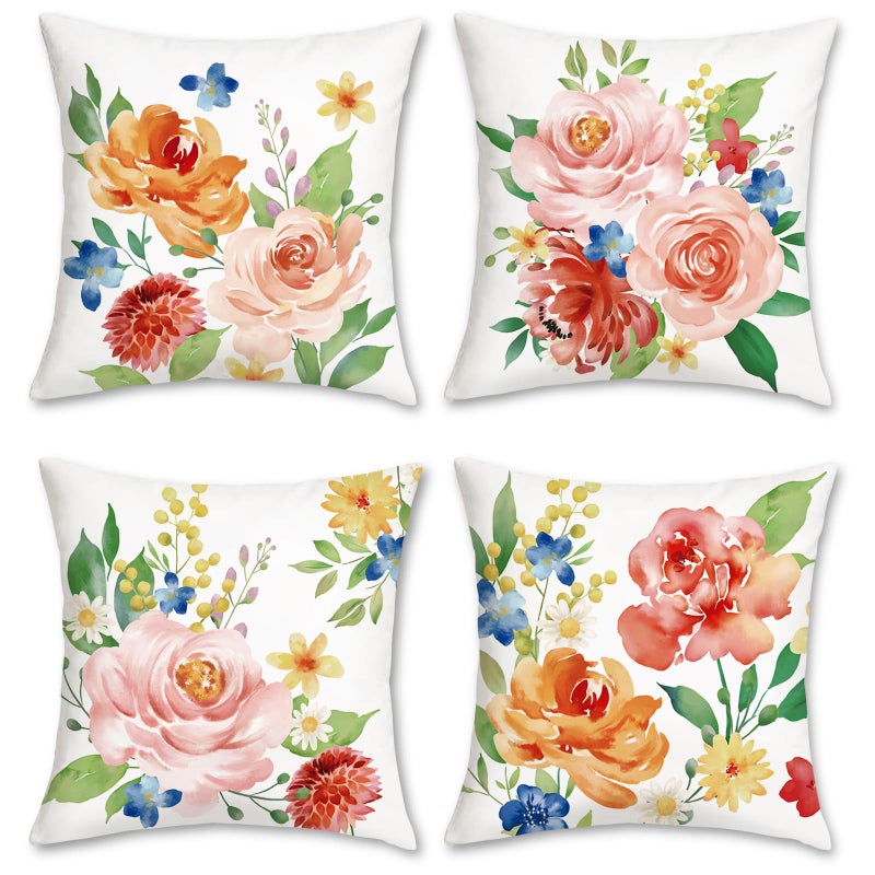 Bonhause Peony Flower Throw Pillow Covers 18 x 18 Inch Set of 4 Watercolor Pink Floral Decorative Throw Pillow Cases Soft Velvet Outdoor Cushion Covers for Sofa Couch Bedroom Home Decor