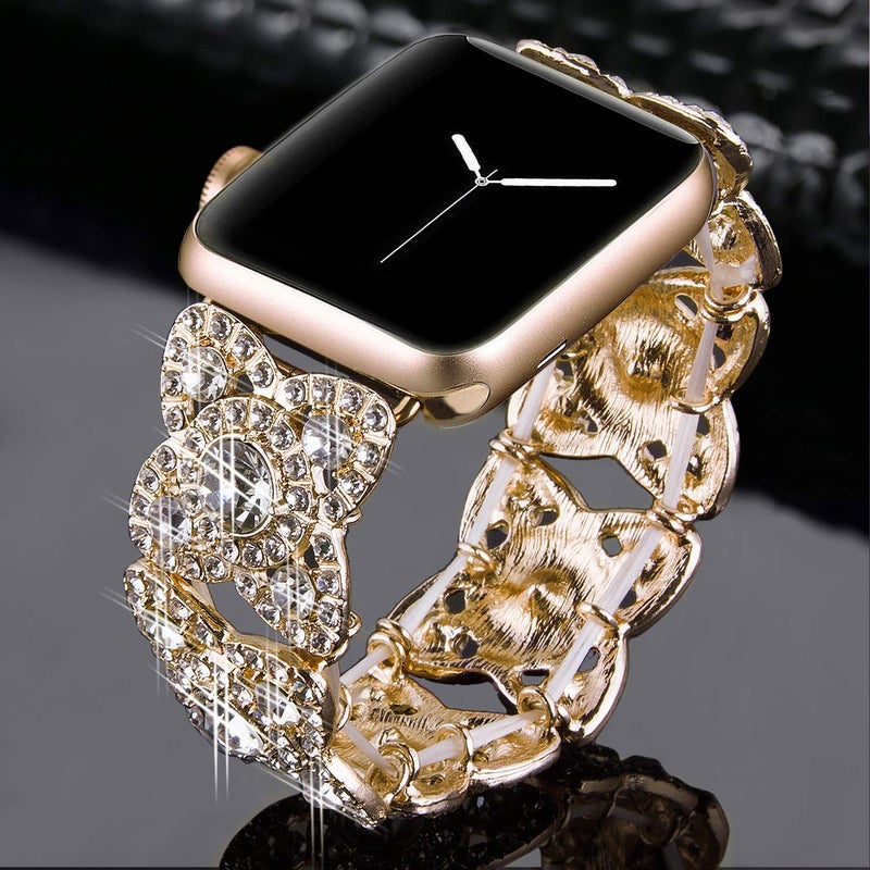 VIQIV Bling Bands for Compatible with Apple Watch 42mm 44mm 45mm 46mm 49mm Ultra Iwatch Series 11 10 9 8 7 6 5 4 3 SE SE2, Diamond Rhinestone Stainless Steel Metal Bracelet Wristband Strap for Women Gold - Image 4