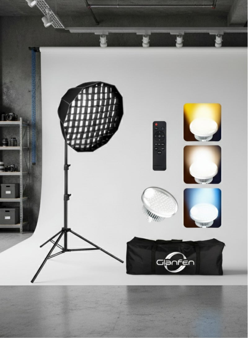 غرانفين طقم إضاءة استوديو التصوير الفوتوغرافي، صندوق إضاءة مكافئ LED قابل للتعتيم بقوة 480 واط مع جهاز تحكم عن بعد، مؤشر تجسيد اللون 85+، 3 درجات حرارة لونية (3000 كلفن - 6500 كلفن)، حامل إضاءة بطول 2 متر وإضاءة عن بعد لتصوير الصور والفيديو - Image 1