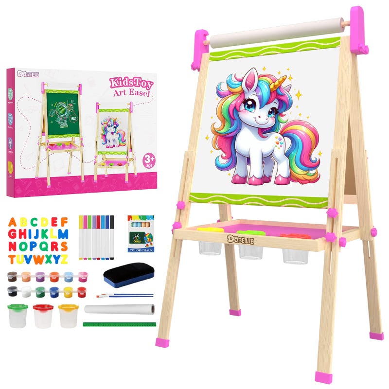 Doselie Easel for KidsAdjustable Wooden Kids Art Easel with Paper RollDoubleSided Magnetic Toddler EaselsDry Erase Whiteboard and Chalk BoardToys for 3 4 5 6 7 8 9 10 Year Old Girl Boy Gift