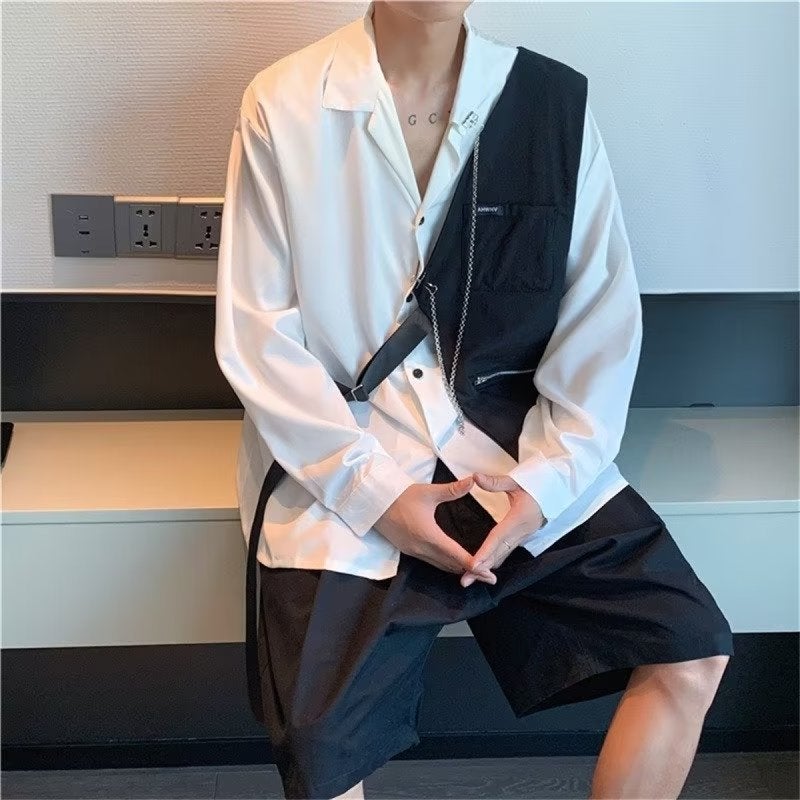 Spring and Autumn design sense vest stitching contrast color long-sleeved necklace shirt mens street fashion ins handsome fashion brand shirt White (shirt + vest necklace)