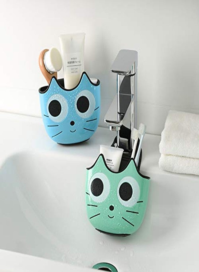 QTMY 2 PACK Cat Sponge Holder Basket with Buckle,Sink Faucet Caddy Hanging Drain Rack, Gadget Soap Brush Desk Pen Organizer for Kitchen Bathroom,Green Blue - Image 2