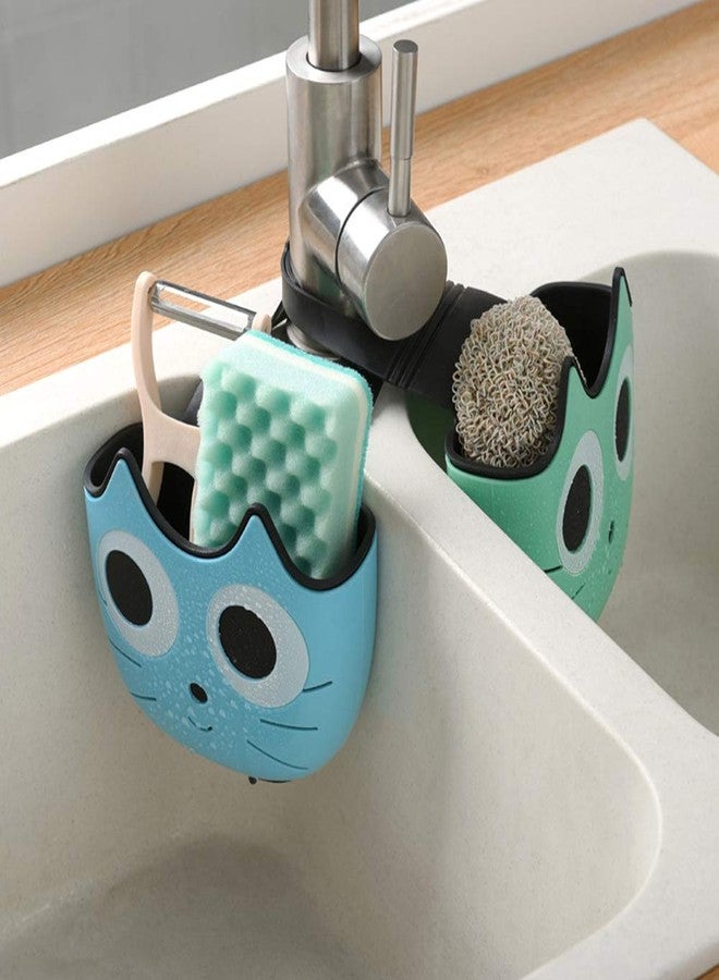 QTMY 2 PACK Cat Sponge Holder Basket with Buckle,Sink Faucet Caddy Hanging Drain Rack, Gadget Soap Brush Desk Pen Organizer for Kitchen Bathroom,Green Blue - Image 1