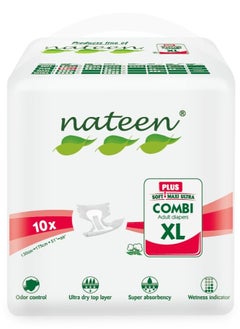 nateen حفاضات ناتين كومبي بلس للكبار، مقاس X-Large، مقاس الخصر 130-175 سم، 10 حفاضات للبالغين، مع طبقة فائقة الامتصاص، مانعة للتسرب، ملابس داخلية للاستعمال مرة واحدة للرجال والنساء - قدرة امتصاص 2240 مل.  - Image 1