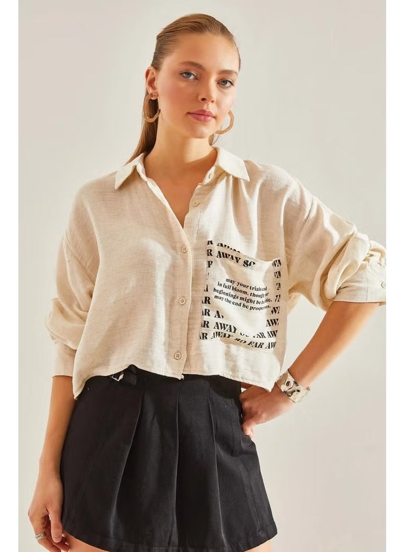 Tena Women's Natural Single Pocket Printed Crop Shirt - Image 3