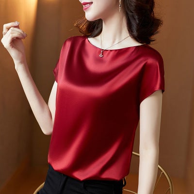 Ice Silk Short-sleeved Solid Color Satin T-shirt Womens Summer New Vest Large Size Womens Slim-fit Slimming Round Neck Base Shirt Peacock Blue - Image 4