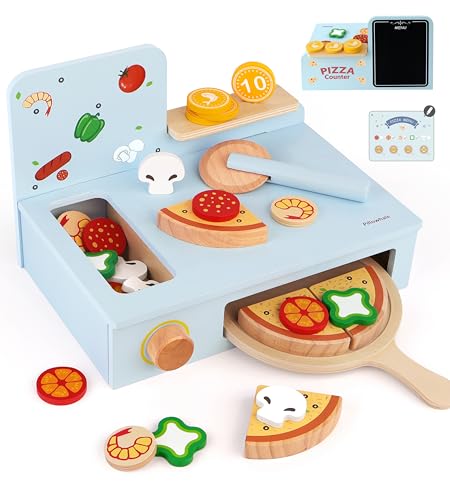 Pillowhale Wooden Pizza Play Set for Kids 36 Slice and Serve Pretend Play Food with HookandLoop Cutting Pizza Counter Toy with Storage Oven 24 PCS Kitchen Role Play Gift - Image 1