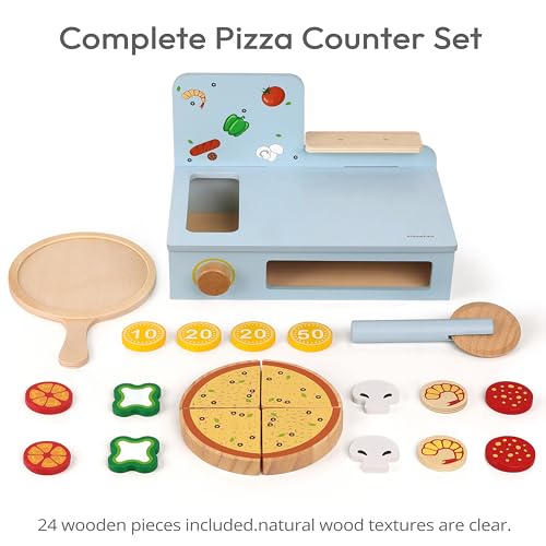 Pillowhale Wooden Pizza Play Set for Kids 36 Slice and Serve Pretend Play Food with HookandLoop Cutting Pizza Counter Toy with Storage Oven 24 PCS Kitchen Role Play Gift - Image 3