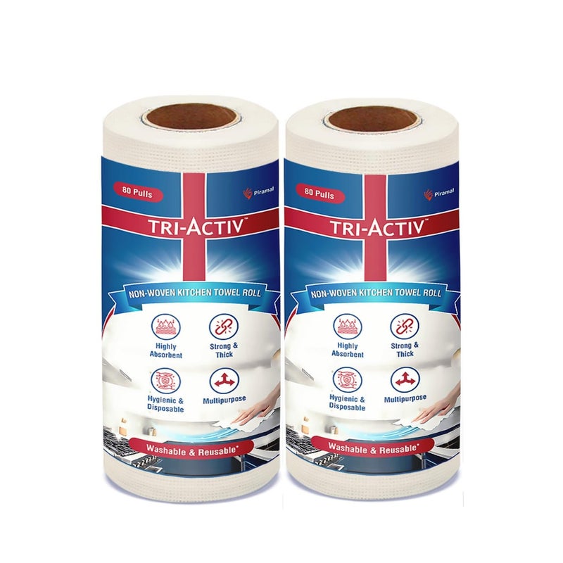 TRI-ACTIV Washable & Reusable Kitchen Towel Roll | 80 Pulls per Roll, 160 Sheets Pack of 2 | Highly Absorbent Kitchen Tissue Roll | Non Woven Fabric | Better alternative to Paper Tissue Roll | White - Image 1