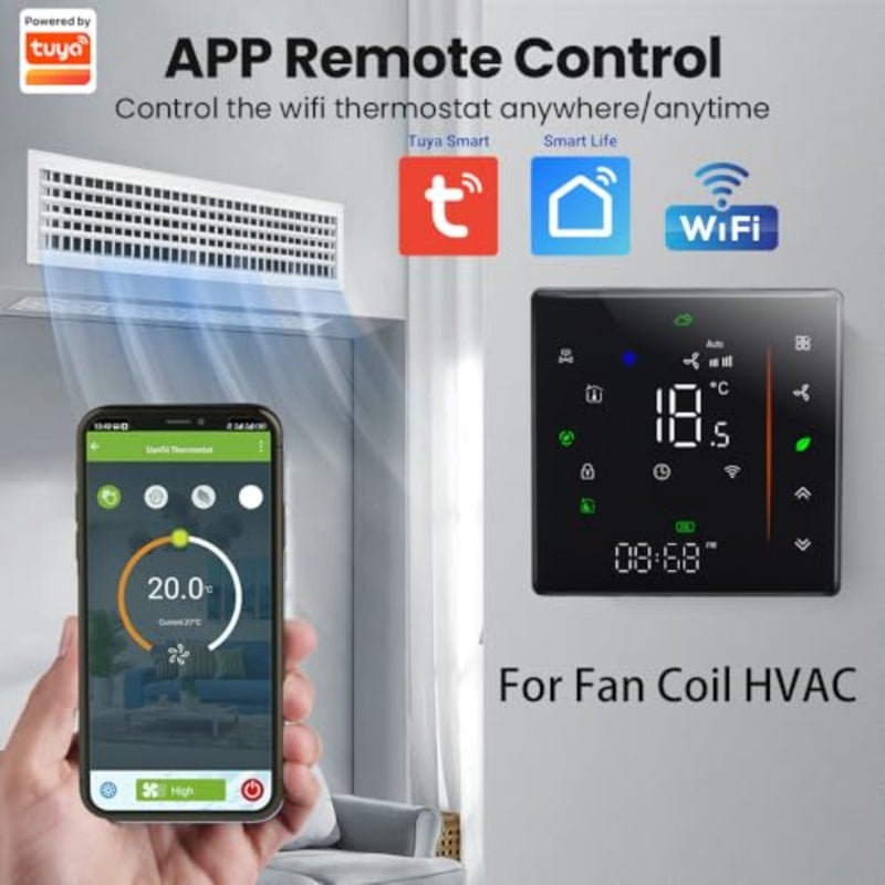 واي فاي مروحة لفائف ترموستات تويا الذكية تكييف الهواء المركزي HVAC التبريد والتدفئة واي فاي ترموستات 2 أنبوب 240 فولت، يعمل مع أليكسا وجوجل هوم أسود، إصدار واي فاي - Image 2
