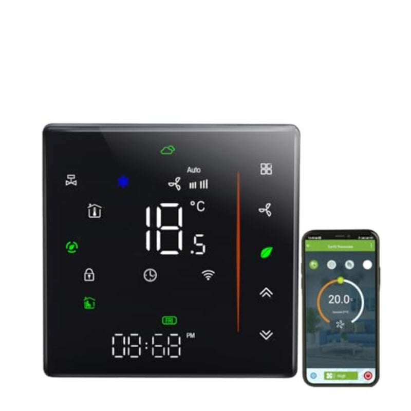 واي فاي مروحة لفائف ترموستات تويا الذكية تكييف الهواء المركزي HVAC التبريد والتدفئة واي فاي ترموستات 2 أنبوب 240 فولت، يعمل مع أليكسا وجوجل هوم أسود، إصدار واي فاي - Image 1