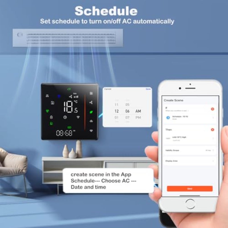 واي فاي مروحة لفائف ترموستات تويا الذكية تكييف الهواء المركزي HVAC التبريد والتدفئة واي فاي ترموستات 2 أنبوب 240 فولت، يعمل مع أليكسا وجوجل هوم أسود، إصدار واي فاي - Image 4