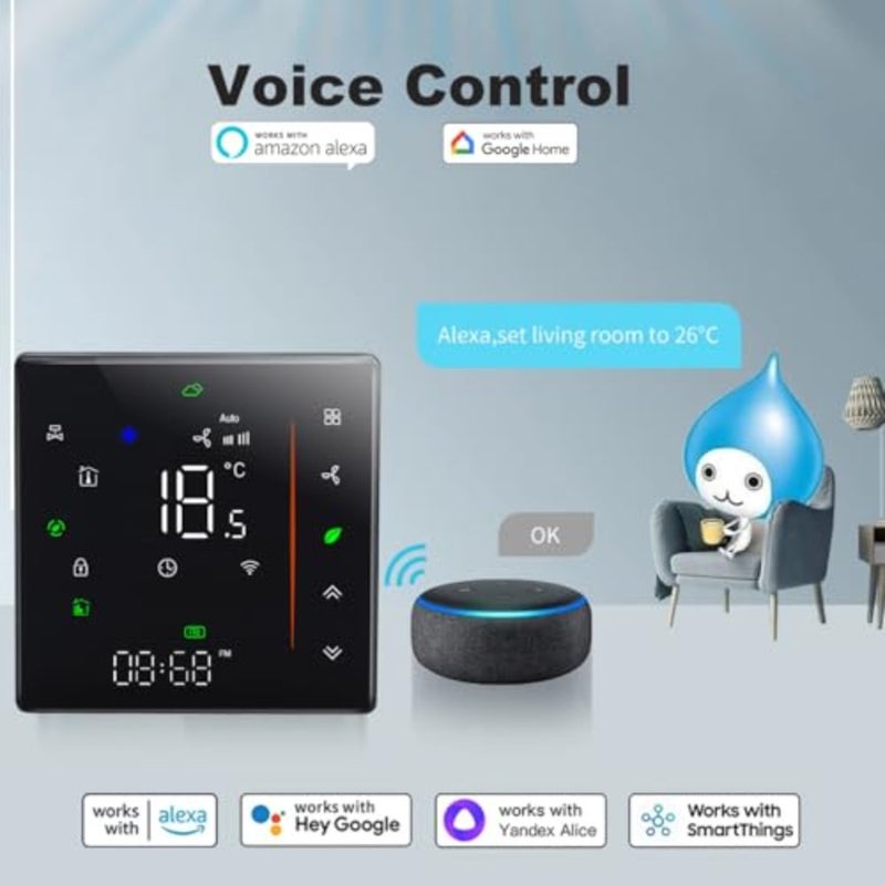 واي فاي مروحة لفائف ترموستات تويا الذكية تكييف الهواء المركزي HVAC التبريد والتدفئة واي فاي ترموستات 2 أنبوب 240 فولت، يعمل مع أليكسا وجوجل هوم أسود، إصدار واي فاي - Image 3