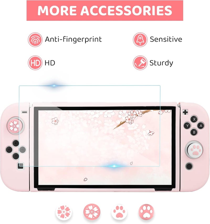 GLDRAM Carrying Case for Nintendo Switch OLED, 9 in 1 Cute Accessories Kit with Travelling Case, Soft TPU Cover, Glass Screen Protector, Thumb Grip Caps, Wrist Band, Shoulder Strap for Girls - Pink - Image 5