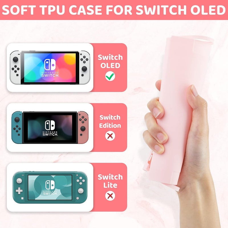 GLDRAM Carrying Case for Nintendo Switch OLED, 9 in 1 Cute Accessories Kit with Travelling Case, Soft TPU Cover, Glass Screen Protector, Thumb Grip Caps, Wrist Band, Shoulder Strap for Girls - Pink - Image 4