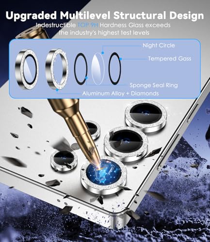 CloudValley for Samsung Galaxy S25 Ultra Camera Lens Protector Bling, 9H Tempered Glass + Aluminum Alloy Lens Protective Ring [Glitter Decoration] Ultra-HD Tempered Glass Cover,Glitter Titanium Whitesilver - Image 2