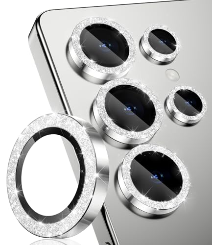 CloudValley for Samsung Galaxy S25 Ultra Camera Lens Protector Bling, 9H Tempered Glass + Aluminum Alloy Lens Protective Ring [Glitter Decoration] Ultra-HD Tempered Glass Cover,Glitter Titanium Whitesilver - Image 1