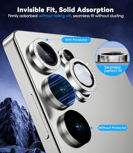 CloudValley for Samsung Galaxy S25 Ultra Camera Lens Protector Bling, 9H Tempered Glass + Aluminum Alloy Lens Protective Ring [Glitter Decoration] Ultra-HD Tempered Glass Cover,Glitter Titanium Whitesilver - Image 4