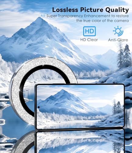 CloudValley for Samsung Galaxy S25 Ultra Camera Lens Protector Bling, 9H Tempered Glass + Aluminum Alloy Lens Protective Ring [Glitter Decoration] Ultra-HD Tempered Glass Cover,Glitter Titanium Whitesilver - Image 5