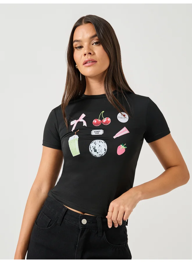 ستايلي Styli Movie Snacks Graphic Print Short Sleeve Fitted T-Shirt