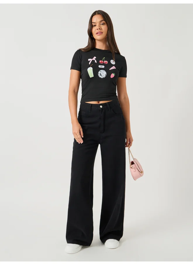 ستايلي Styli Movie Snacks Graphic Print Short Sleeve Fitted T-Shirt