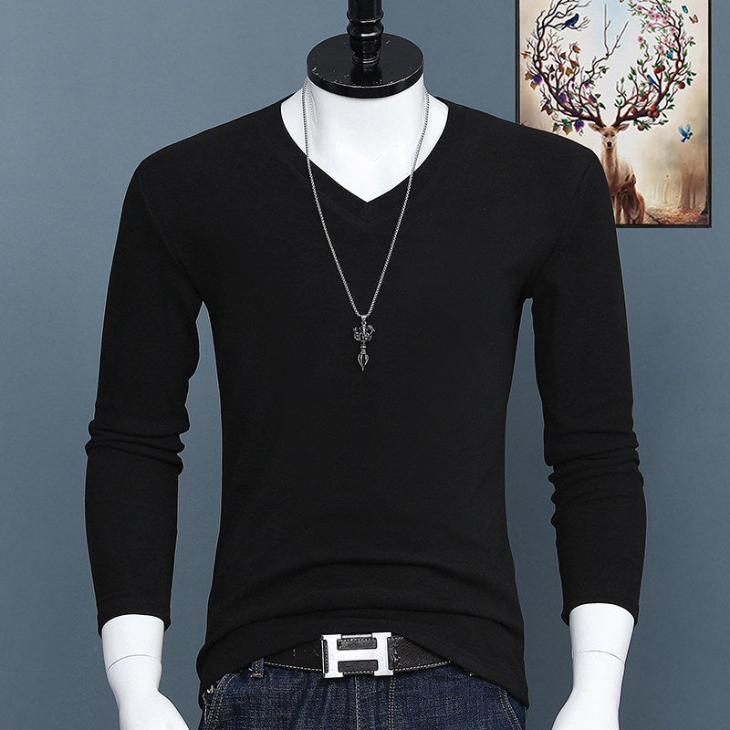De Rong V-neck long-sleeved T-shirt men's undershirt double-sided velvet solid color slim-fit warm plus-size youth inner top trendy - Image 3