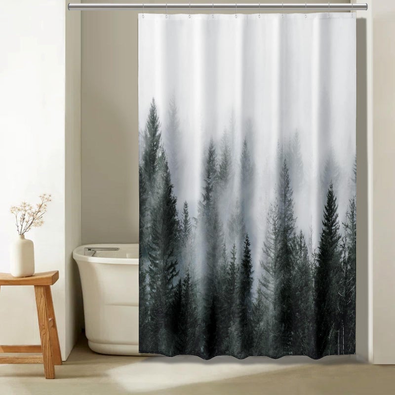 ORTIGIA 60x72 Misty Forest Stall Shower Curtain for Small Bathroom Dark Green Narrow Nature Woodland Shower Curtain Set with Hooks Waterproof Fabric Pine Tree Fog Magic Home Bath Curtain
