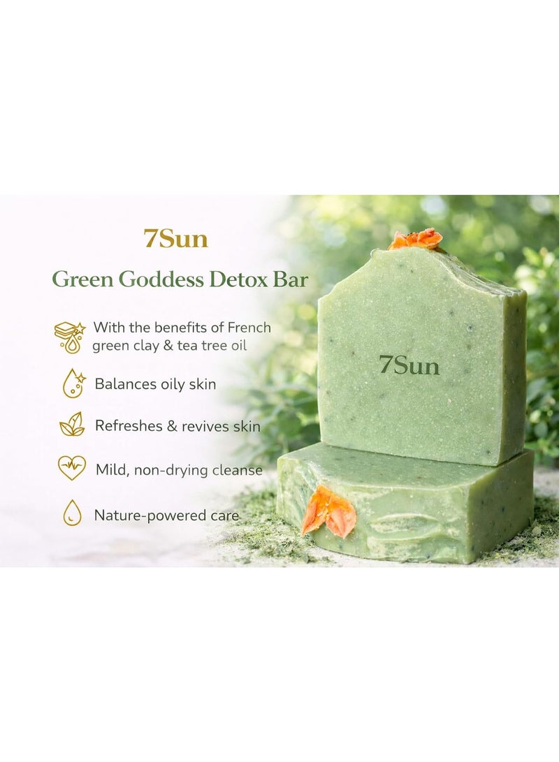 7 صن صابونة "Green Goddess" من 7SUN لإزالة السموم | صابون فاخر مصنوع يدوياً بطريقة المعالجة الباردة | صابون بالطين الأخضر الفرنسي وزيت شجرة الشاي | منظف يوازن البشرة الدهنية، ويمنحها إشراقاً وحيوية - 100 جم - Image 4