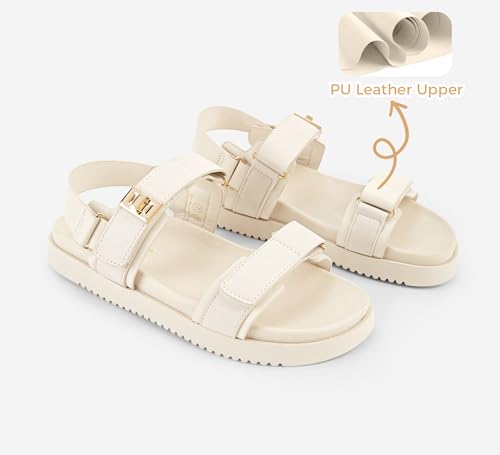LUCKY STEP Women's Flat Sandals Casual Open Toe Beach Sandals Adjustable Double Strap Summer Sandals(7 M US Beige) - Image 3
